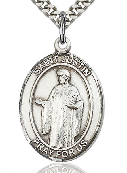 St. Justin Medal, Sterling Silver, Large - 24" 2.2mm Sterling Silver Chain + Clasp