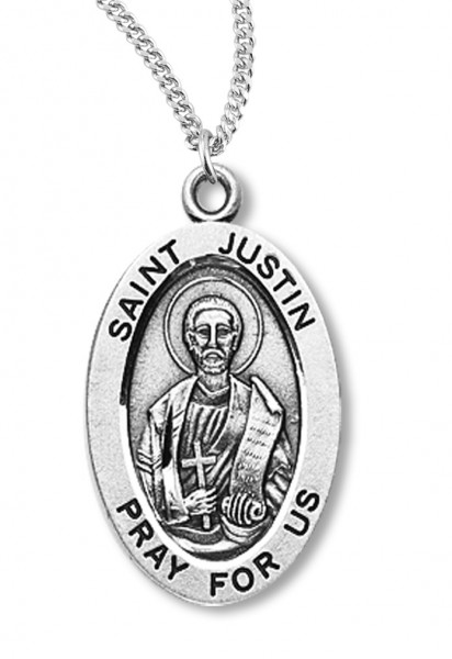 Boy's St. Justin Necklace Oval Sterling Silver with Chain - 20" 2.2mm Stainless Steel Chain with Clasp
