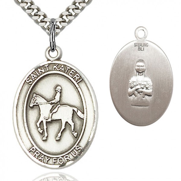 St. Kateri Equestrian Medal, Sterling Silver, Large - 24" 2.4mm Rhodium Plate Chain + Clasp