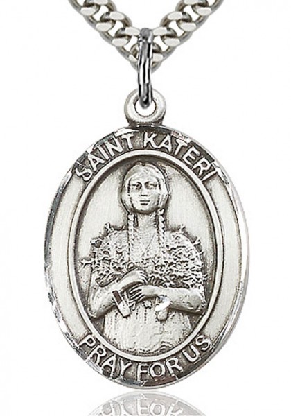 St. Kateri Medal, Sterling Silver, Large - 24" 2.4mm Rhodium Plate Chain + Clasp