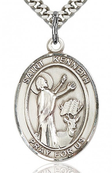 St. Kenneth Medal, Sterling Silver, Large - 24" 2.4mm Rhodium Plate Endless Chain