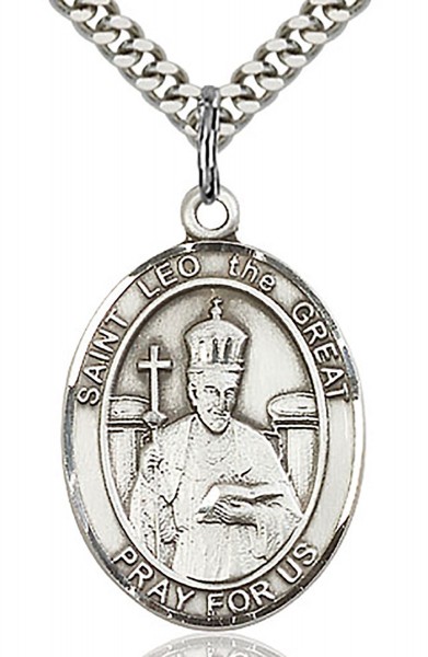 St. Leo the Great Medal, Sterling Silver, Large - 24" Sterling Silver Chain + Clasp
