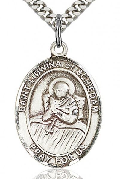 St. Lidwina of Schiedam Medal, Sterling Silver, Large - 24" 2.4mm Rhodium Plate Endless Chain