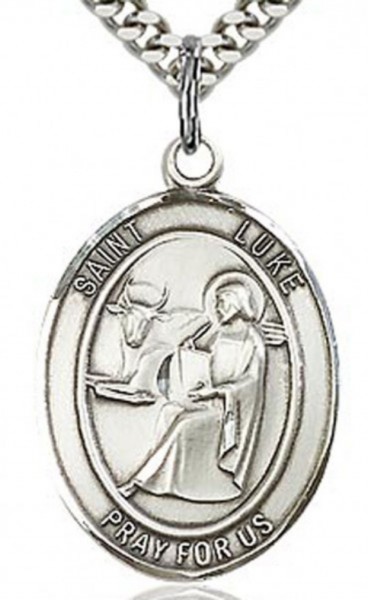 St. Luke the Apostle Medal, Sterling Silver, Large - 24" 2.2mm Sterling Silver Chain + Clasp