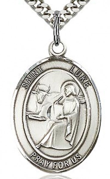 St. Luke the Apostle Medal, Sterling Silver, Large - 24" 2.4mm Rhodium Plate Endless Chain
