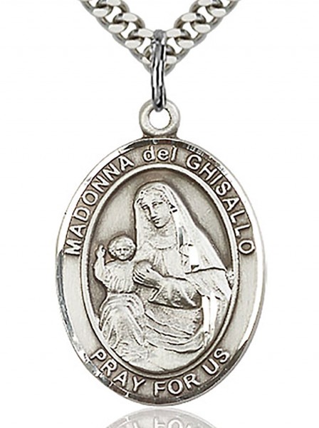 St. Madonna Del Ghisallo Medal, Sterling Silver, Large - 24" 2.4mm Rhodium Plate Chain + Clasp