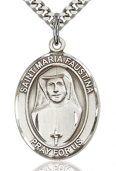 St. Maria Faustina Medal, Sterling Silver, Large - 24" 2.2mm Sterling Silver Chain + Clasp