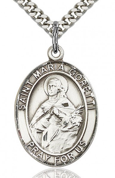 St. Maria Goretti Medal, Sterling Silver, Large - 24" 2.4mm Rhodium Plate Endless Chain