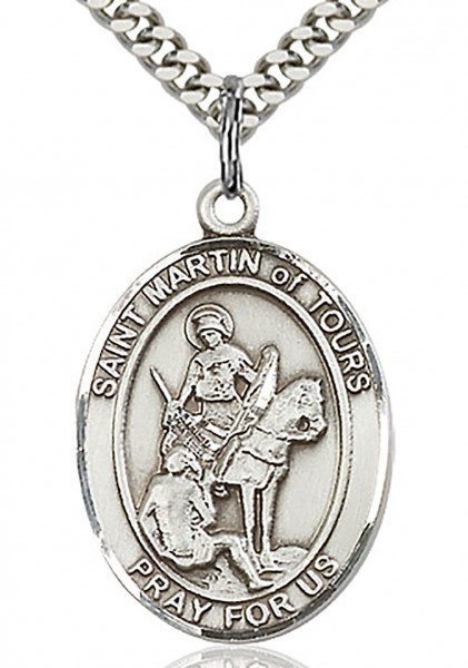 St. Martin of Tours Medal, Sterling Silver, Large - 24" 2.4mm Rhodium Plate Endless Chain
