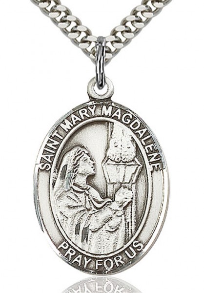 St. Mary Magdalene Medal, Sterling Silver, Large - 24" 2.4mm Rhodium Plate Chain + Clasp