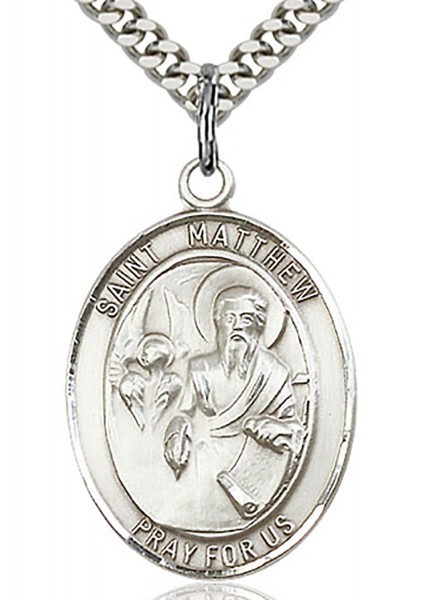 St. Matthew the Apostle Medal, Sterling Silver, Large - 24" 2.2mm Sterling Silver Chain + Clasp