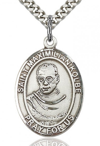 St. Maximilian Kolbe Medal, Sterling Silver, Large - 24" 2.4mm Rhodium Plate Chain + Clasp