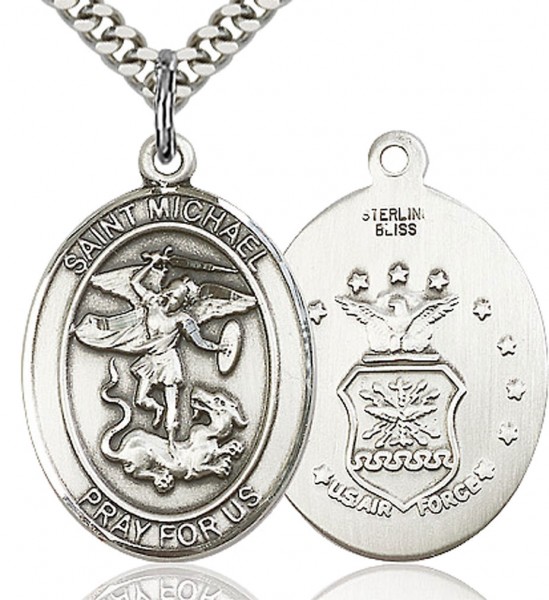 St. Michael Air Force Medal, Sterling Silver, Large - 24" 2.2mm Sterling Silver Chain + Clasp