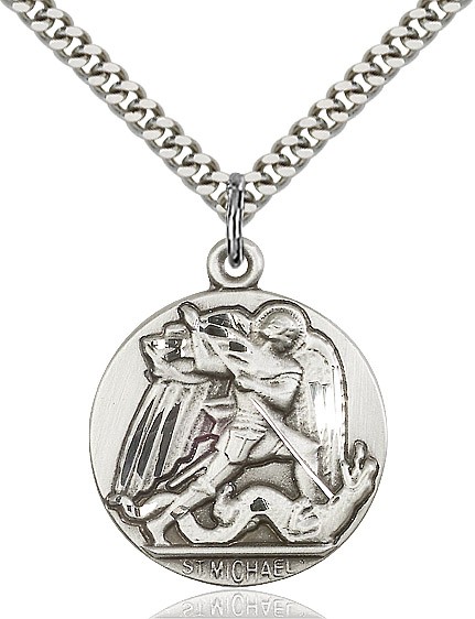 St. Michael the Archangel Medal, Sterling Silver - 24" 2.2mm Sterling Silver Chain + Clasp