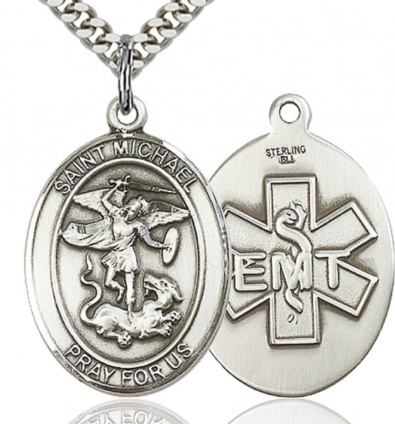 St. Michael EMT Medal, Sterling Silver, Large - 24" 2.2mm Sterling Silver Chain + Clasp