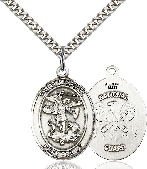 St. Michael National Guard Medal, Sterling Silver, Large - 24" 2.2mm Sterling Silver Chain + Clasp