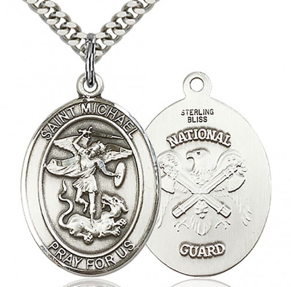 St. Michael National Guard Medal, Sterling Silver, Large - 24" 2.4mm Rhodium Plate Chain + Clasp