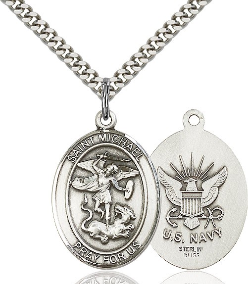 St. Michael Navy Medal, Sterling Silver, Large - 24" 2.2mm Sterling Silver Chain + Clasp