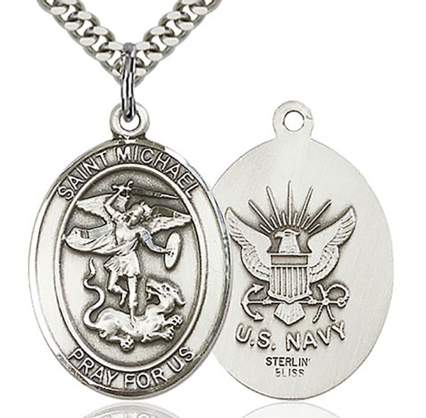 St. Michael Navy Medal, Sterling Silver, Large - 24" 2.4mm Rhodium Plate Chain + Clasp
