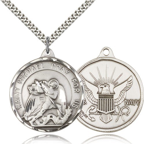 St. Michael Navy Medal, Sterling Silver - 24" 2.4mm Rhodium Plate Chain + Clasp
