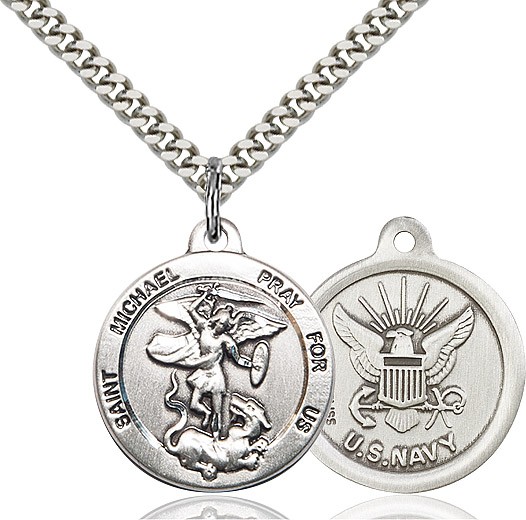 St. Michael Navy Medal, Sterling Silver - 24" 2.2mm Sterling Silver Chain + Clasp