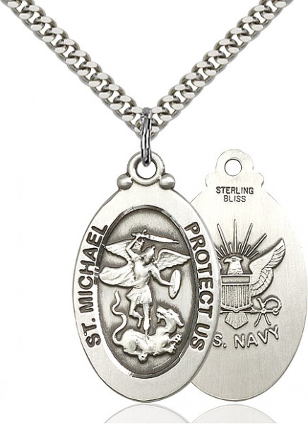 St. Michael Navy Medal, Sterling Silver - 24" 2.2mm Sterling Silver Chain + Clasp