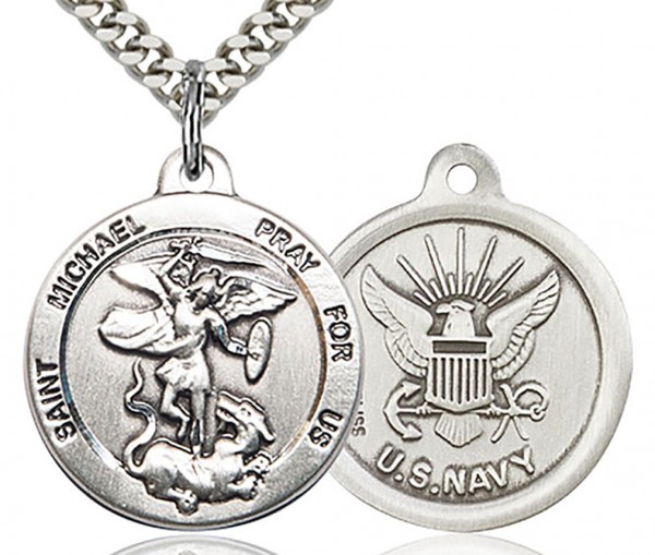 St. Michael Navy Medal, Sterling Silver - 24&rdquo; 1.7mm Sterling Silver Chain &amp; Clasp