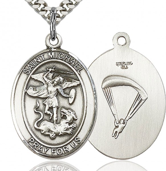St. Michael Paratrooper Medal, Sterling Silver, Large - 24" 2.2mm Sterling Silver Chain + Clasp
