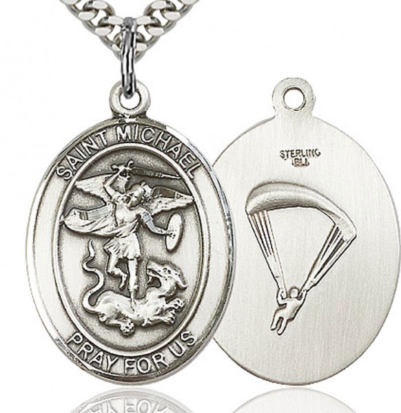 St. Michael Paratrooper Medal, Sterling Silver, Large - 24" 2.4mm Rhodium Plate Endless Chain