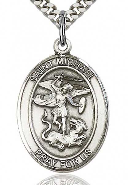 St. Michael the Archangel Medal, Sterling Silver, Large - 24" 2.4mm Rhodium Plate Chain + Clasp
