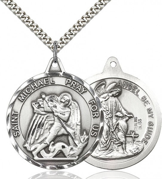 St. Michael the Archangel Medal, Sterling Silver - 24" 2.4mm Rhodium Plate Endless Chain
