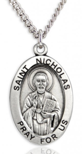 Men's St. Nicholas Necklace Oval Sterling Silver with Chain Options - 24" 3mm Stainless Steel Endless Chain