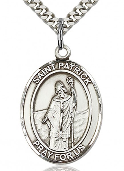 St. Patrick Medal, Sterling Silver, Large - 24" 2.4mm Rhodium Plate Endless Chain