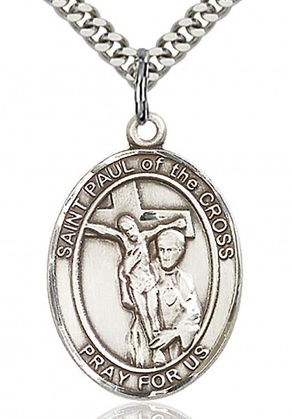 St. Paul of the Cross Medal, Sterling Silver, Large - 24" 2.4mm Rhodium Plate Chain + Clasp