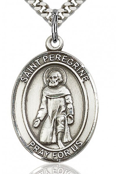 St. Peregrine Laziosi Medal, Sterling Silver, Large - 24" 2.4mm Rhodium Plate Endless Chain