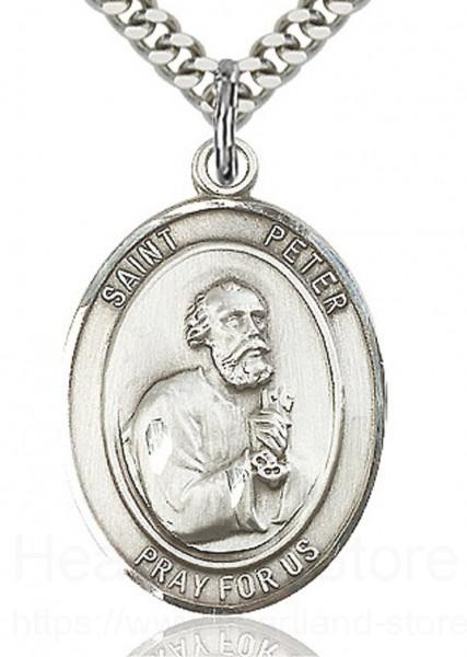 St. Peter the Apostle Medal, Sterling Silver, Large - 27" 2.5mm Sterling Silver Endless Chain 