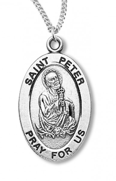 Boy's St. Peter Necklace Oval Sterling Silver with Chain - 20" 2.2mm Stainless Steel Chain with Clasp