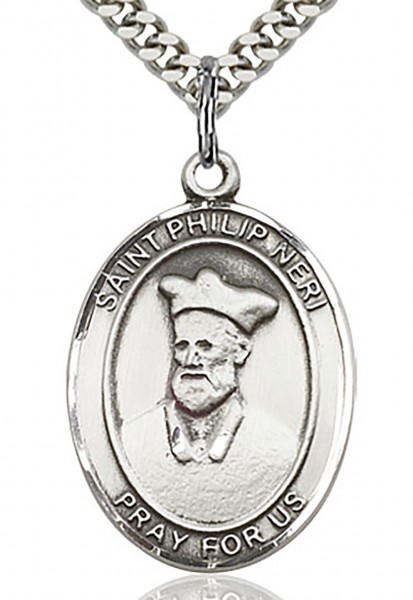 St. Philip Neri Medal, Sterling Silver, Large - 24" Sterling Silver Chain + Clasp
