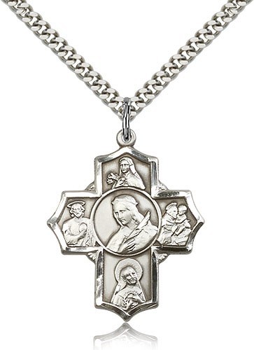 St. Philomena, St. Theresa, St. Rita, St. Anthony, St. Jude Medal, Sterling Silver - 24" 2.2mm Sterling Silver Chain + Clasp