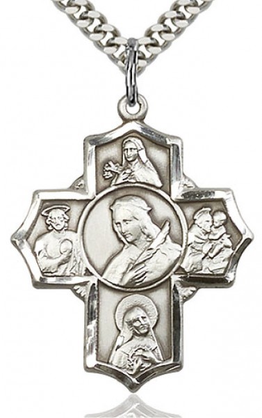 St. Philomena, St. Theresa, St. Rita, St. Anthony, St. Jude Medal, Sterling Silver - 24" 2.4mm Rhodium Plate Chain + Clasp