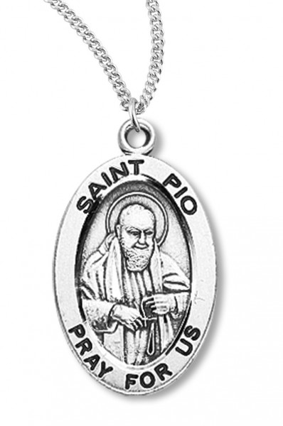Boy's St. Pio Necklace Oval Sterling Silver with Chain - 20" 2.2mm Stainless Steel Chain with Clasp