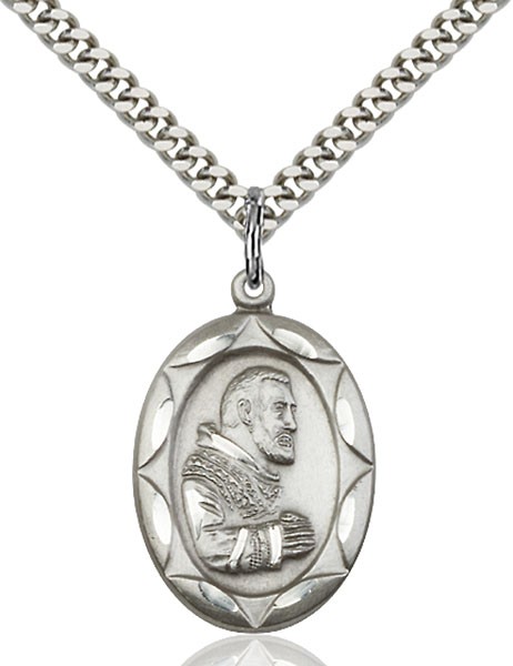 St. Pio of Pietrelcina Medal, Sterling Silver - 24" 2.2mm Sterling Silver Chain + Clasp
