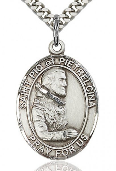 St. Pio of Pietrelcina Medal, Sterling Silver, Large - 24" 2.4mm Rhodium Plate Chain + Clasp