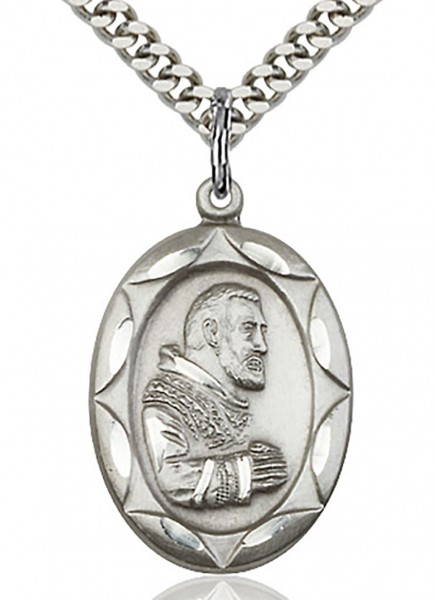 St. Pio of Pietrelcina Medal, Sterling Silver - 24" 2.4mm Rhodium Plate Endless Chain