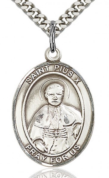 St. Pius X Medal, Sterling Silver, Large - 24" 2.4mm Rhodium Plate Endless Chain