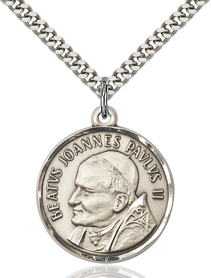 St. Pope John Paul II Medal, Sterling Silver - 24" 2.2mm Sterling Silver Chain + Clasp