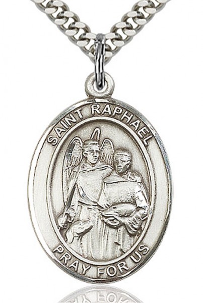 St. Raphael the Archangel Medal, Sterling Silver, Large - 24" 2.2mm Sterling Silver Chain + Clasp