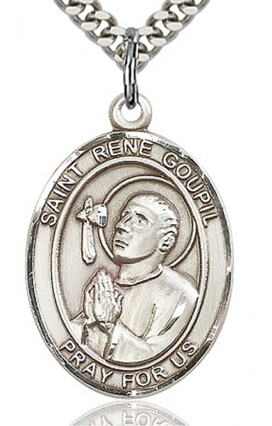 St. Rene Goupil Medal, Sterling Silver, Large - 24" 2.4mm Rhodium Plate Chain + Clasp