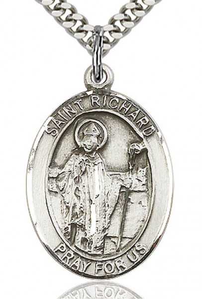 St. Richard Medal, Sterling Silver, Large - 24" Sterling Silver Chain + Clasp