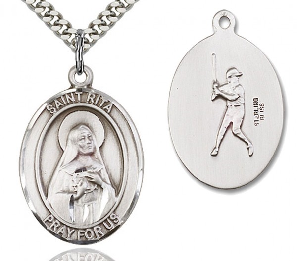 St. Rita Baseball Medal, Sterling Silver, Large - 24" 2.4mm Rhodium Plate Chain + Clasp